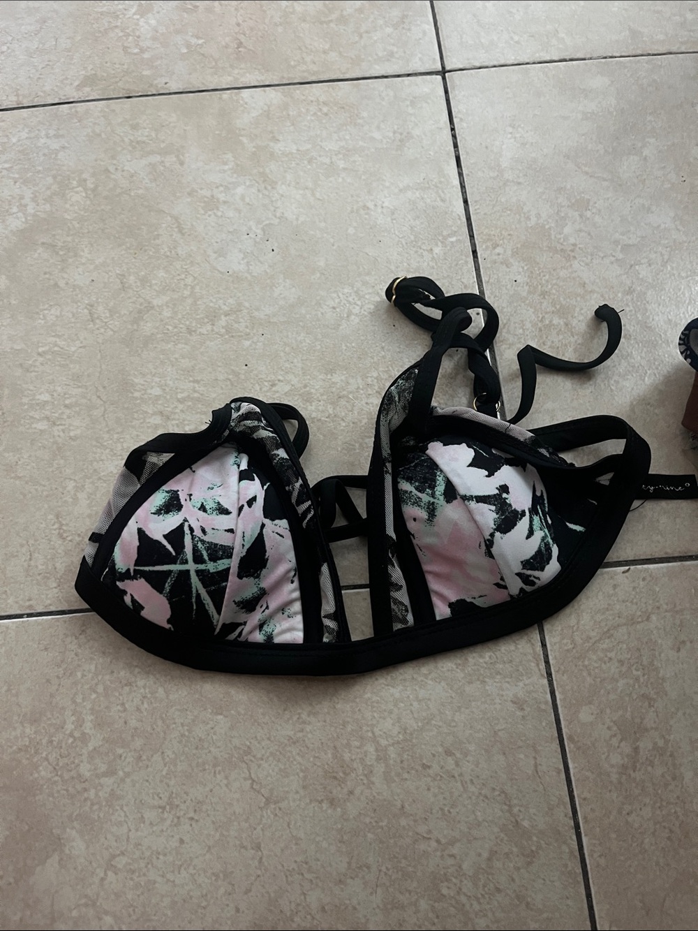 Black-Trim Printed Bikini Top with Pink & Green Accents